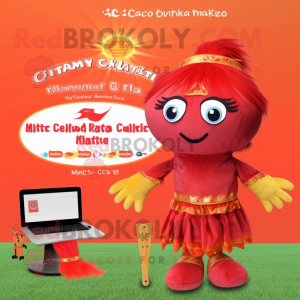 Red Butter Chicken mascot costume character dressed with a Bikini and Hair clips