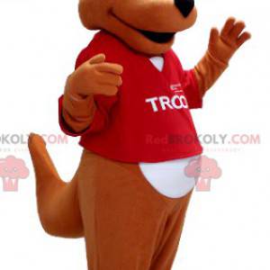 Mascotte de kangourou orange et blanc avec un t-shirt rouge -