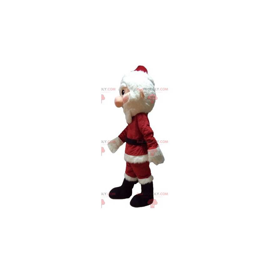Santa Claus maskot klädd i rött och vitt med ett skägg -