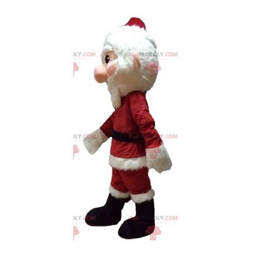 Mascote do Papai Noel vestido de vermelho e branco com barba -