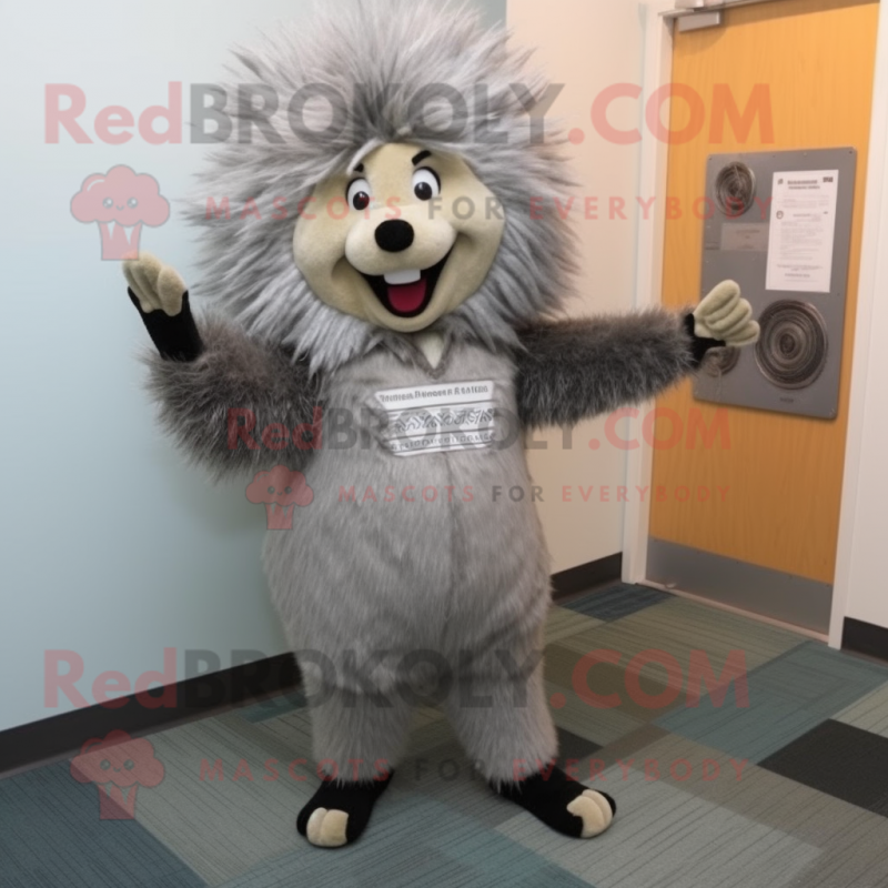 Gray Porcupine mascot costume character dressed with a Dress Pants and Gloves Gray Porcupine mascot costume character dressed with a Dress Pants and Gloves