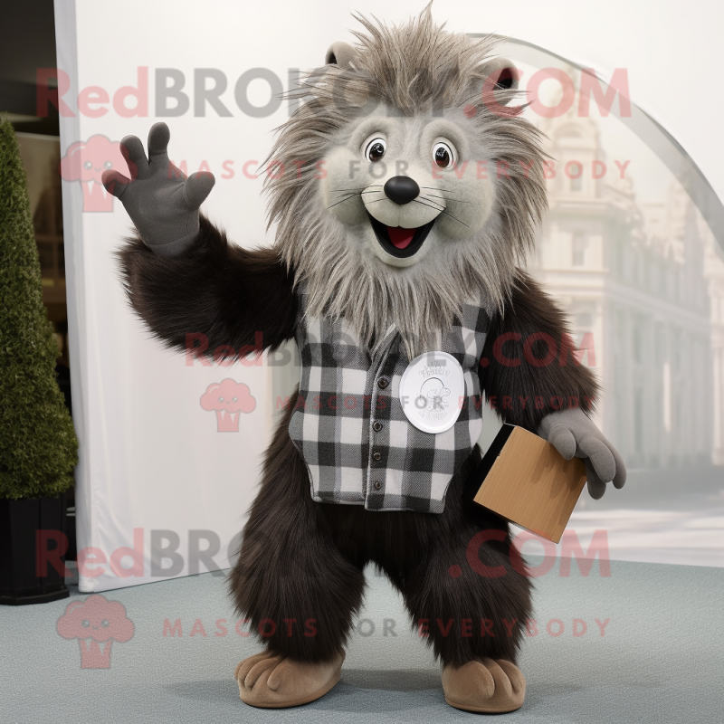 Gray Porcupine mascot costume character dressed with a Dress Pants and Gloves