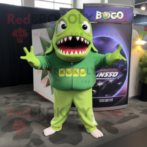 Lime Green Megalodon mascot costume character dressed with a Sweatshirt and Hair clips