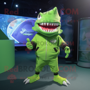 Lime Green Megalodon mascot costume character dressed with a Sweatshirt and Hair clips