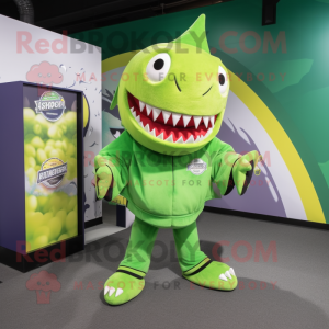 Lime Green Megalodon mascot costume character dressed with a Sweatshirt and Hair clips