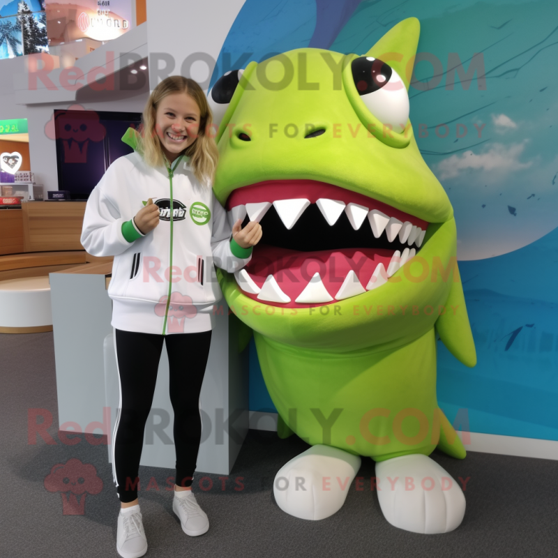 Lime Green Megalodon mascot costume character dressed with a Sweatshirt and Hair clips