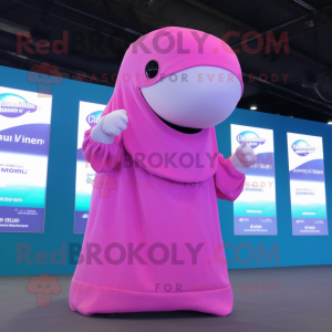 Magenta Beluga Whale mascot costume character dressed with a Cover-up and Bracelets