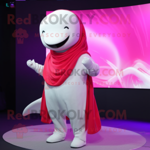 Magenta Beluga Whale mascot costume character dressed with a Cover-up and Bracelets