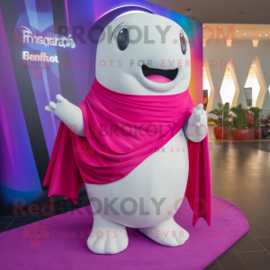 Magenta Beluga Whale mascot costume character dressed with a Cover-up and Bracelets