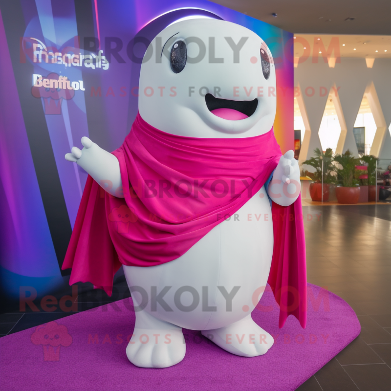 Magenta Beluga Whale mascot costume character dressed with a Cover-up and Bracelets Magenta Beluga Whale mascot costume character dressed with a Cover-up and Bracelets