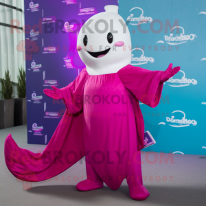 Magenta Beluga Whale mascot costume character dressed with a Cover-up and Bracelets