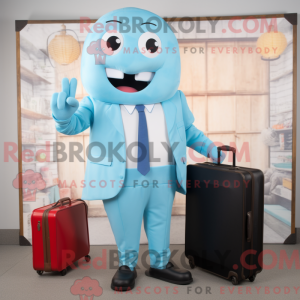 Maskotfigur af en cyan...