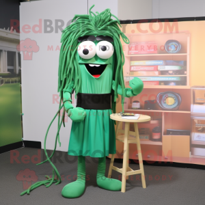 Green Spaghetti mascot costume character dressed with a A-Line Dress and Reading glasses