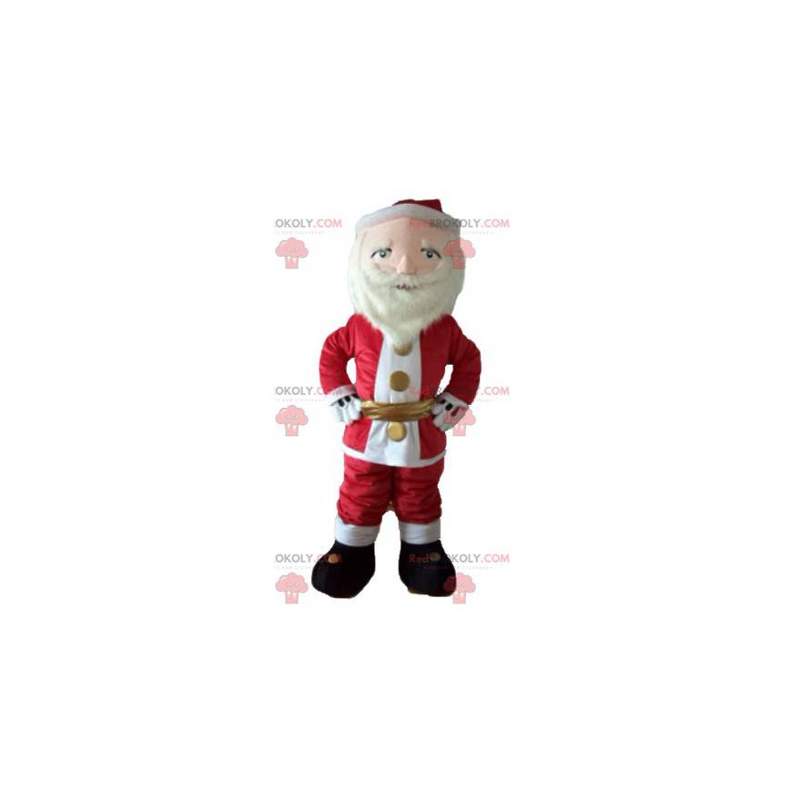 Mascote do Papai Noel vestido de vermelho e branco com barba -