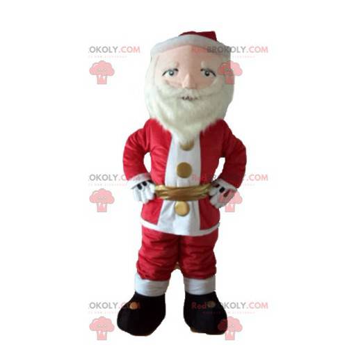 Mascotte di Babbo Natale vestita di rosso e bianco con la barba