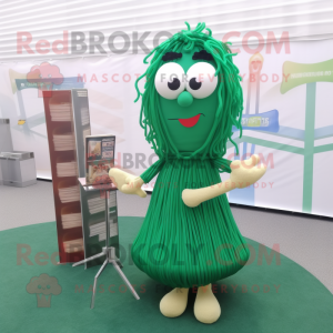 Green Spaghetti mascot costume character dressed with a A-Line Dress and Reading glasses
