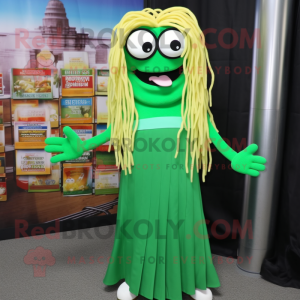 Green Spaghetti mascot costume character dressed with a A-Line Dress and Reading glasses