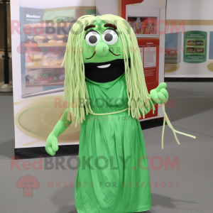 Green Spaghetti mascot costume character dressed with a A-Line Dress and Reading glasses