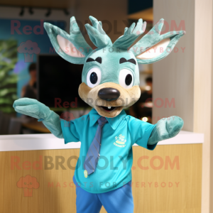 Turquoise Deer mascot costume character dressed with a Oxford Shirt and Hair clips