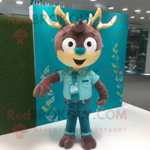 Turquoise Deer mascot costume character dressed with a Oxford Shirt and Hair clips