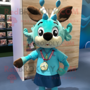 Turquoise Deer mascot costume character dressed with a Oxford Shirt and Hair clips