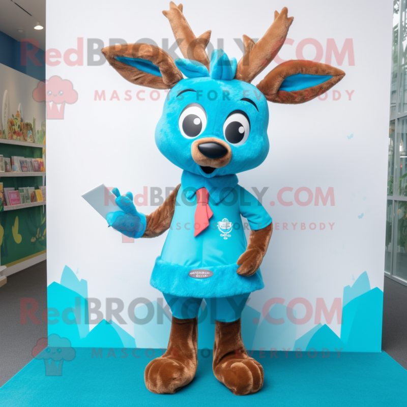 Turquoise Deer mascot costume character dressed with a Oxford Shirt and Hair clips Turquoise Deer mascot costume character dressed with a Oxford Shirt and Hair clips
