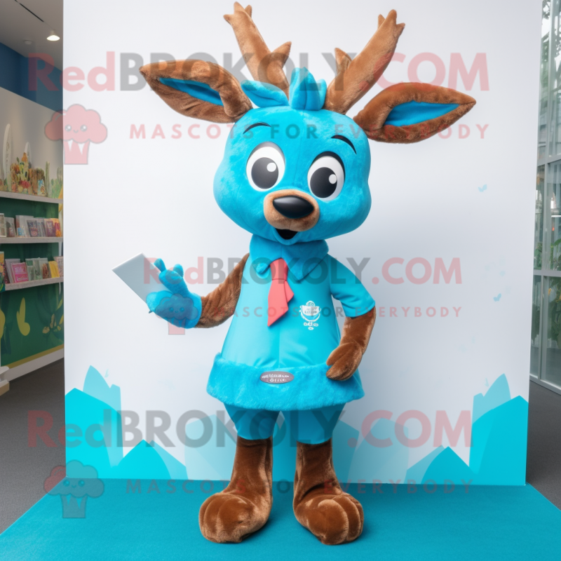 Turquoise Deer mascot costume character dressed with a Oxford Shirt and Hair clips