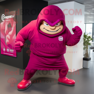 Magenta Strongman mascot costume character dressed with a Hoodie and Cufflinks