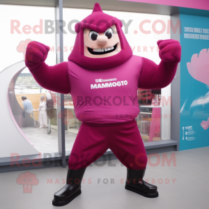 Magenta Strongman mascot costume character dressed with a Hoodie and Cufflinks