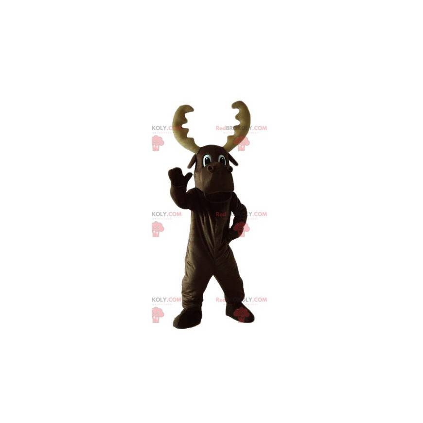 Grande mascote marrom de caribu com grandes chifres -