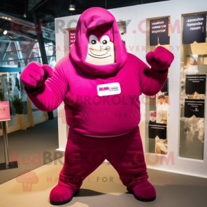 Magenta Strongman mascot costume character dressed with a Hoodie and Cufflinks