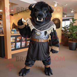 Black Bison mascot costume character dressed with a Capri Pants and Scarves