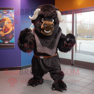 Black Bison mascot costume character dressed with a Capri Pants and Scarves