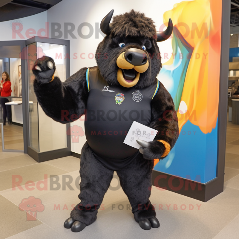 Black Bison mascot costume character dressed with a Capri Pants and Scarves Black Bison mascot costume character dressed with a Capri Pants and Scarves