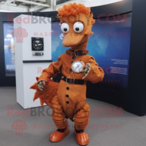 Rust Sea Horse mascot costume character dressed with a Suit and Bracelet watches