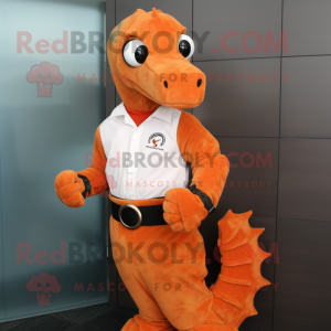 Rust Sea Horse mascot costume character dressed with a Suit and Bracelet watches