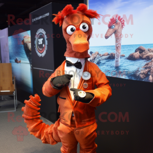 Rust Sea Horse mascot costume character dressed with a Suit and Bracelet watches