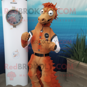 Rust Sea Horse mascot costume character dressed with a Suit and Bracelet watches