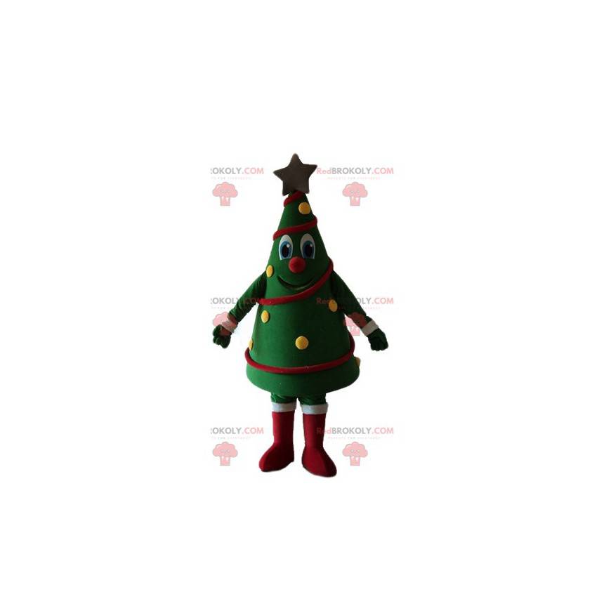 Mascote decorada com árvore de natal muito sorridente e
