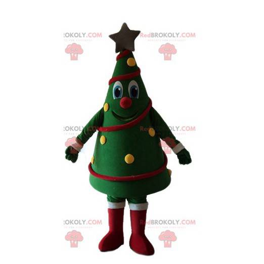 Mascot decorado árbol de Navidad muy sonriente y colorido -