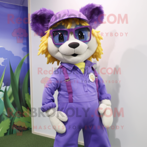 Lavender Tamer Lion mascot costume character dressed with a Dungarees and Sunglasses