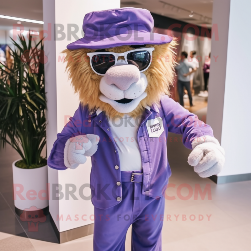 Lavender Tamer Lion mascot costume character dressed with a Dungarees and Sunglasses