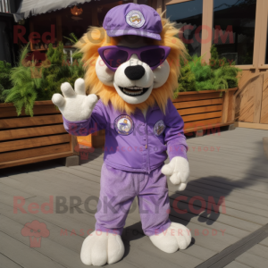 Lavender Tamer Lion mascot costume character dressed with a Dungarees and Sunglasses