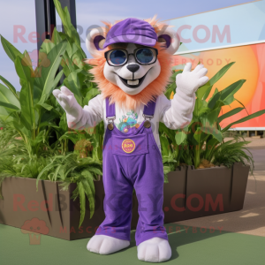 Lavender Tamer Lion mascot costume character dressed with a Dungarees and Sunglasses