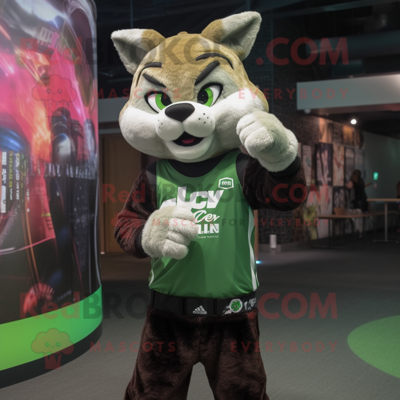 Green Bobcat mascot costume character dressed with a Graphic Tee and Smartwatches Green Bobcat mascot costume character dressed with a Graphic Tee and Smartwatches