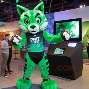 Green Bobcat mascot costume character dressed with a Graphic Tee and Smartwatches