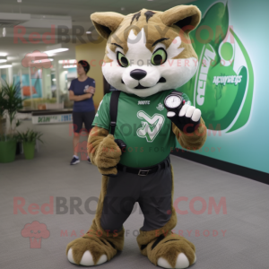 Green Bobcat mascot costume character dressed with a Graphic Tee and Smartwatches