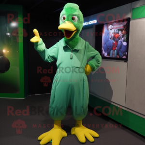 Green Dodo Bird mascot costume character dressed with a Jumpsuit and Brooches