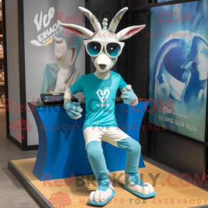 Maskotkarakter af en cyan...