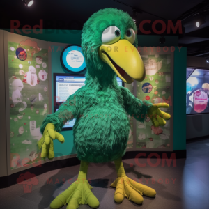 Green Dodo Bird mascot costume character dressed with a Jumpsuit and Brooches